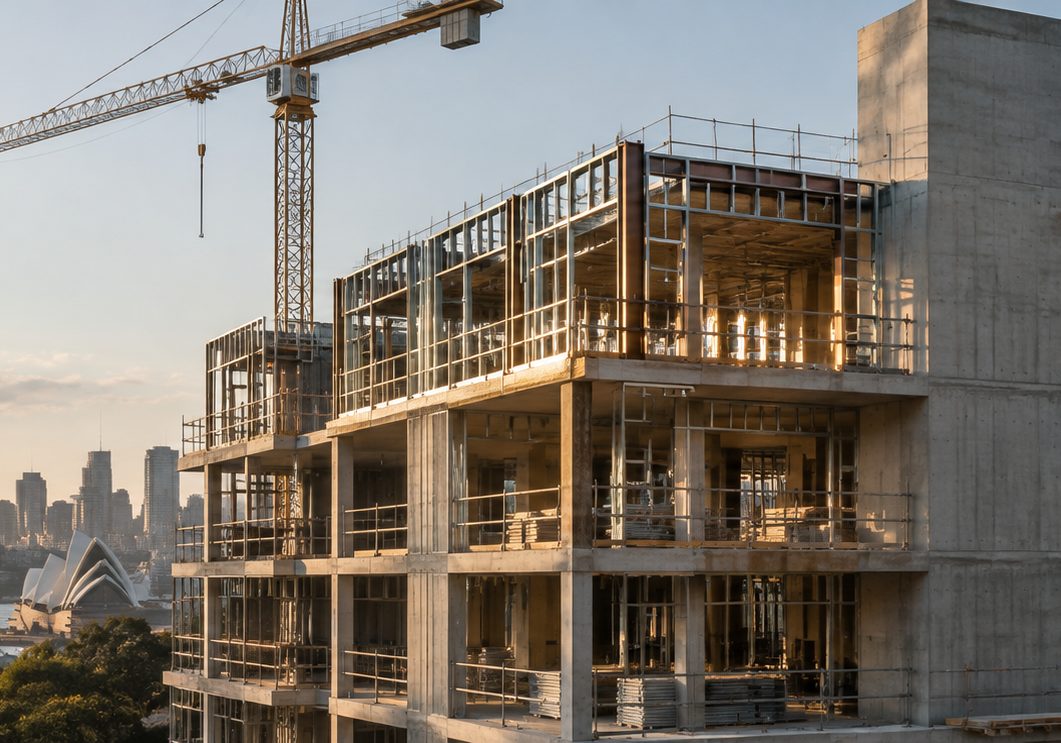 Illustration of a building under construction, steel framing set against a concrete frame with a crane above.